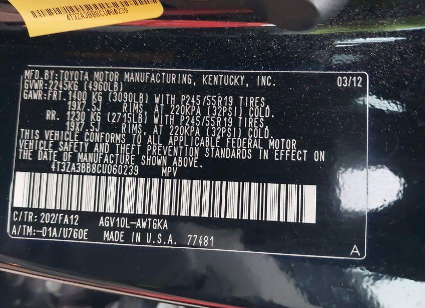 Photo 9 of 2012 Toyota Venza LE (VIN 4T3ZA3BB8CU060239)