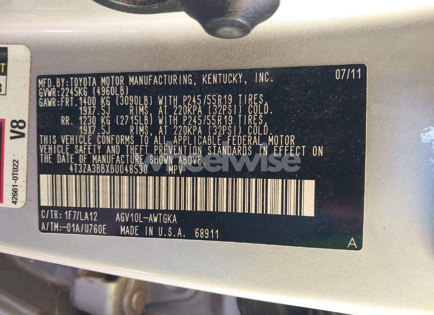 Photo 9 of 2011 Toyota Venza (VIN 4T3ZA3BBXBU048530)