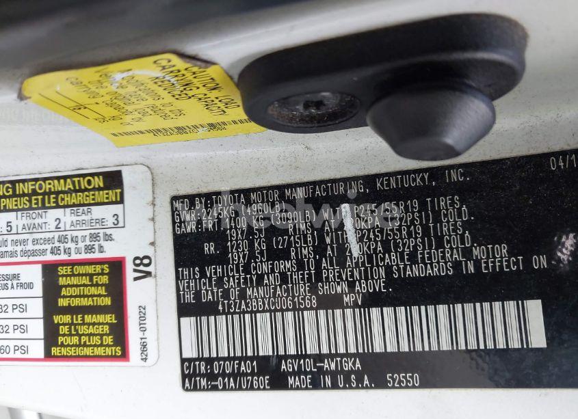 Photo 9 of 2012 Toyota Venza LE (VIN 4T3ZA3BBXCU061568)