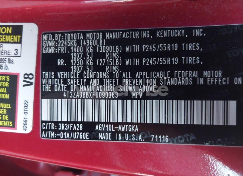 Photo 9 of 2015 Toyota Venza LE (VIN 4T3ZA3BBXFU090363)