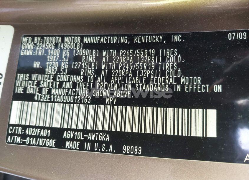 Photo 9 of 2009 Toyota Venza BASE (A6) (VIN 4T3ZE11A09U012163)