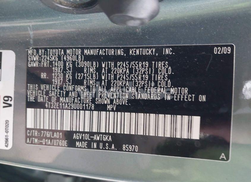 Photo 9 of 2009 Toyota Venza (VIN 4T3ZE11A29U001178)