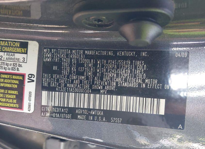 Photo 9 of 2009 Toyota Venza BASE (A6) (VIN 4T3ZE11A59U005564)