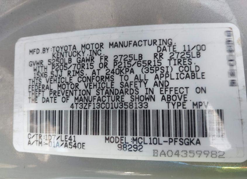 Photo 9 of 2001 Toyota Sienna XLE (VIN 4T3ZF13C01U358133)