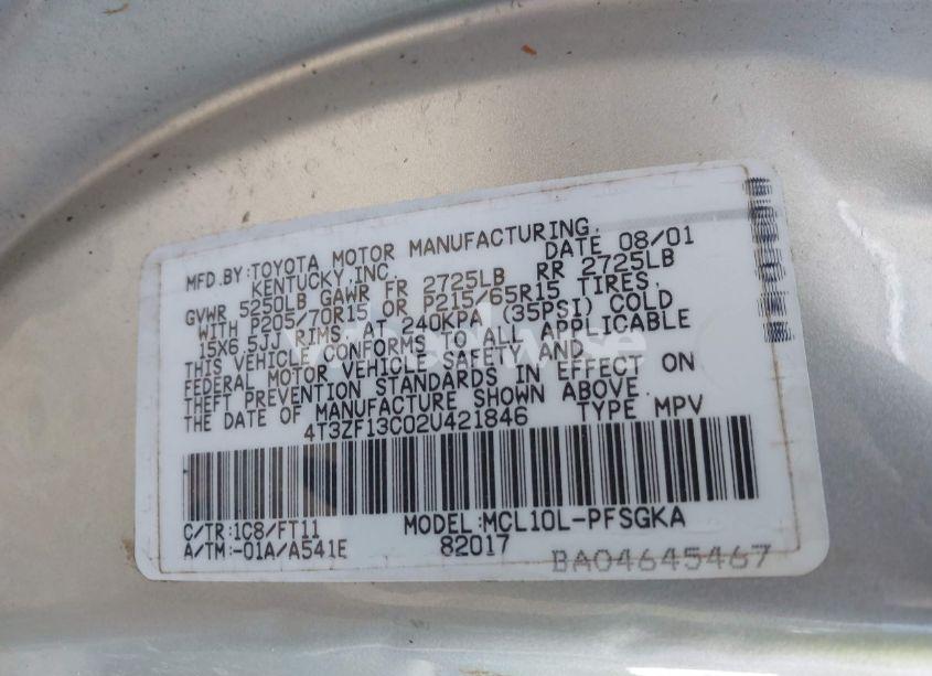 Photo 9 of 2002 Toyota Sienna LE (VIN 4T3ZF13C02U421846)