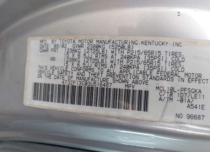 Photo 9 of 2003 Toyota Sienna XLE (VIN 4T3ZF13C03U516487)