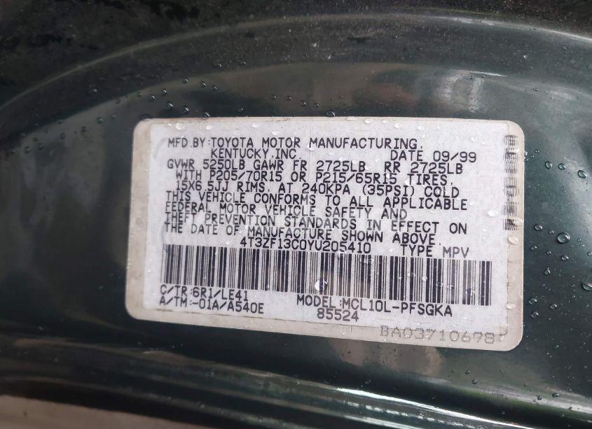 Photo 9 of 2000 Toyota Sienna XLE (VIN 4T3ZF13C0YU205410)