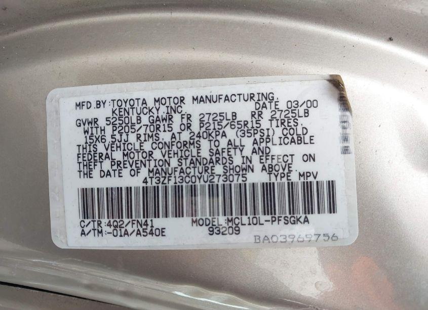 Photo 9 of 2000 Toyota Sienna LE (VIN 4T3ZF13C0YU273075)