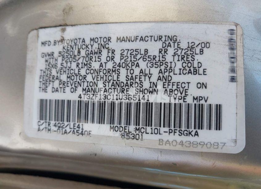 Photo 9 of 2001 Toyota Sienna LE/XLE (VIN 4T3ZF13C11U365141)