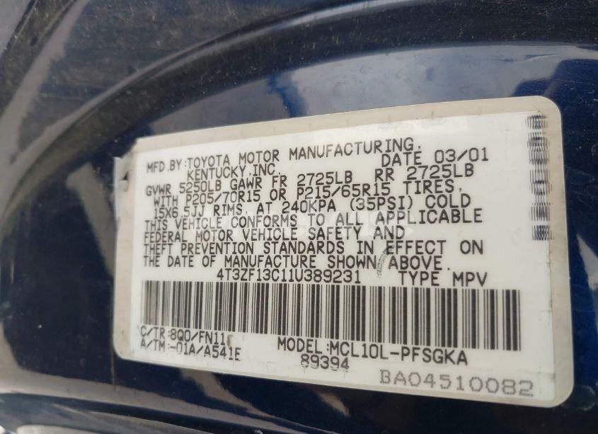 Photo 9 of 2001 Toyota Sienna LE (VIN 4T3ZF13C11U389231)