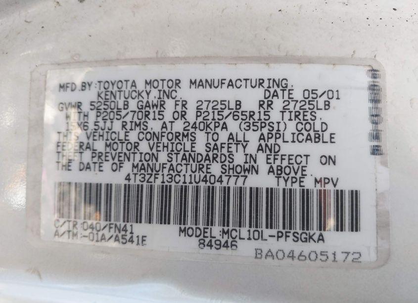 Photo 9 of 2001 Toyota Sienna LE (VIN 4T3ZF13C11U404777)