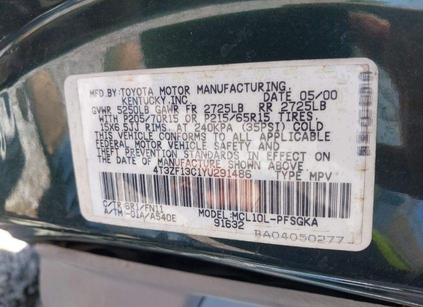 Photo 9 of 2000 Toyota Sienna LE (VIN 4T3ZF13C1YU291486)