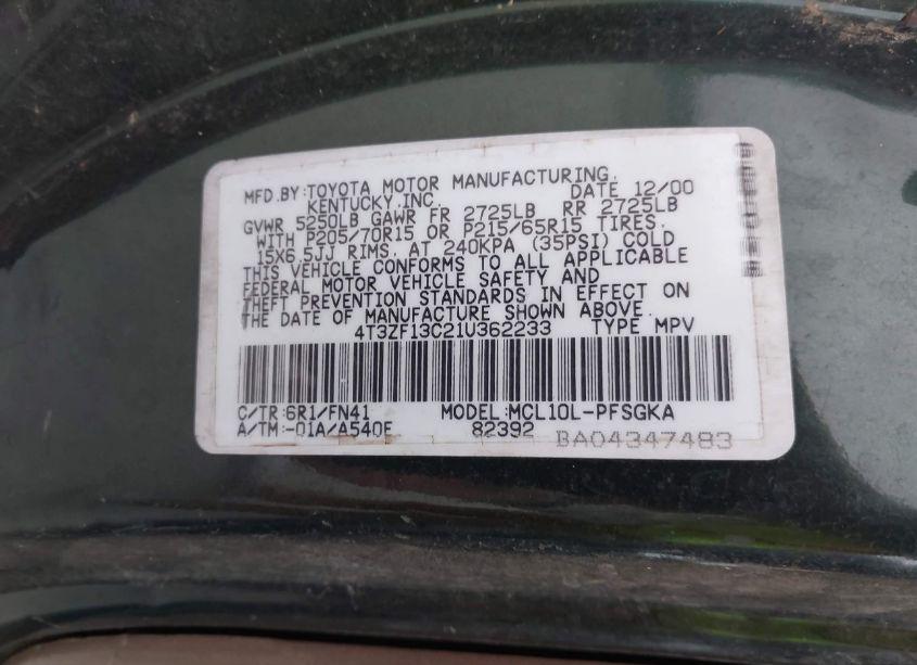 Photo 9 of 2001 Toyota Sienna LE (VIN 4T3ZF13C21U362233)