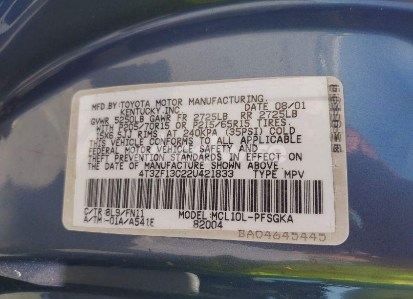 Photo 9 of 2002 Toyota Sienna LE (VIN 4T3ZF13C22U421833)