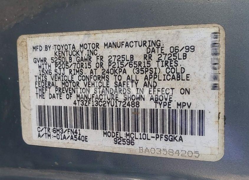 Photo 9 of 2000 Toyota Sienna LE (VIN 4T3ZF13C2YU172488)