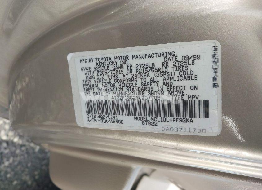 Photo 9 of 2000 Toyota Sienna XLE (VIN 4T3ZF13C2YU207708)