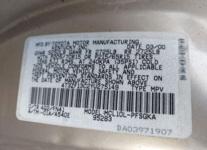 Photo 9 of 2000 Toyota Sienna LE (VIN 4T3ZF13C2YU275149)