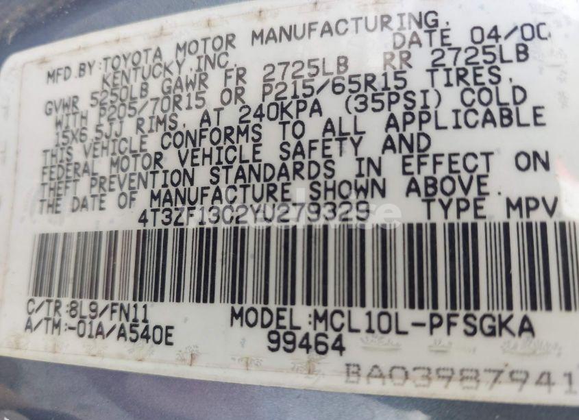 Photo 9 of 2000 Toyota Sienna LE (VIN 4T3ZF13C2YU279329)