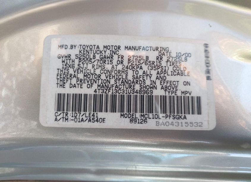 Photo 9 of 2001 Toyota Sienna XLE (VIN 4T3ZF13C31U348969)