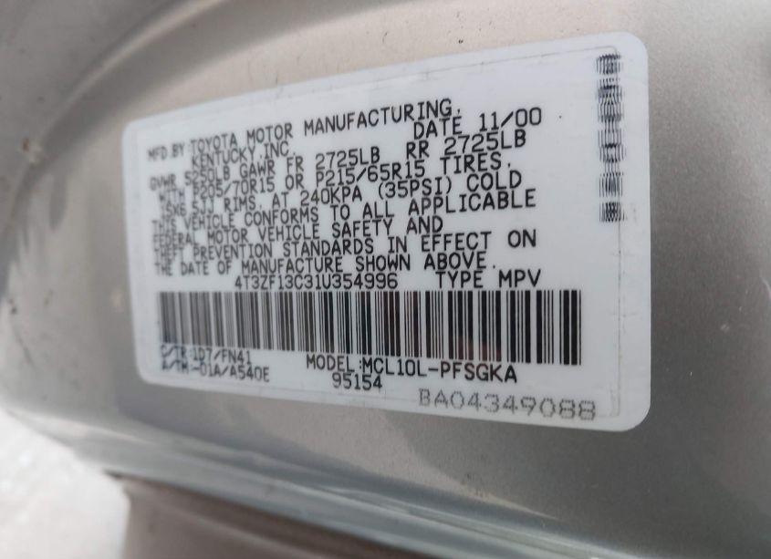 Photo 9 of 2001 Toyota Sienna LE (VIN 4T3ZF13C31U354996)