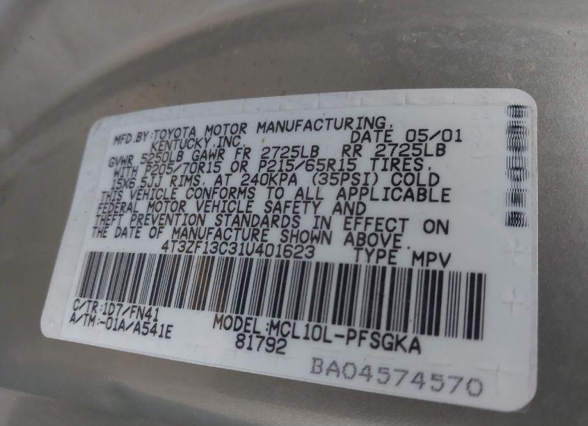 Photo 9 of 2001 Toyota Sienna LE (VIN 4T3ZF13C31U401623)