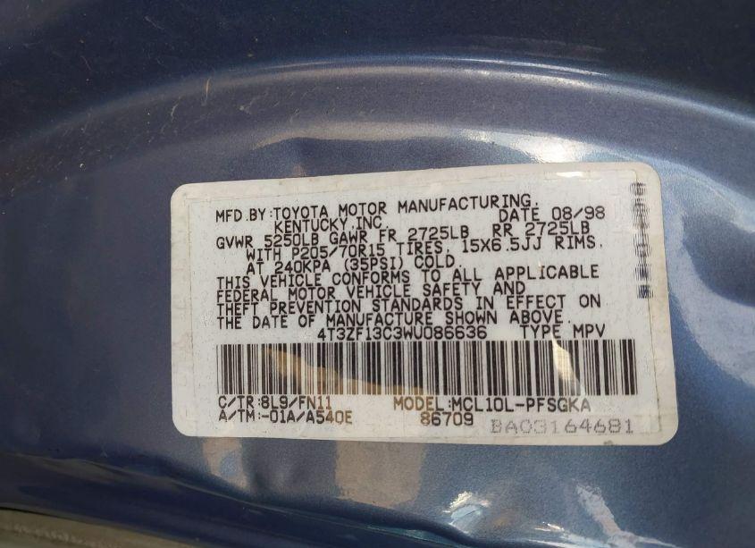 Photo 9 of 1998 Toyota Sienna LE (VIN 4T3ZF13C3WU086636)