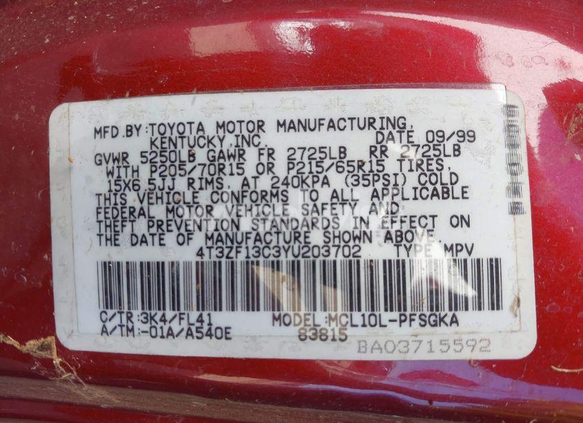 Photo 9 of 2000 Toyota Sienna LE (VIN 4T3ZF13C3YU203702)