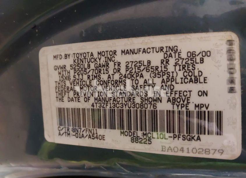 Photo 9 of 2000 Toyota Sienna LE (VIN 4T3ZF13C3YU308076)