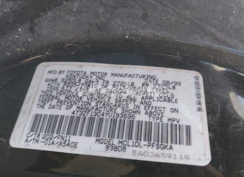 Photo 9 of 2000 Toyota Sienna LE (VIN 4T3ZF13C4YU193696)