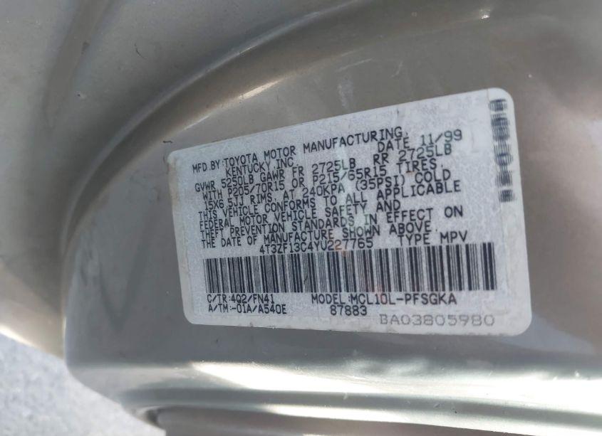 Photo 9 of 2000 Toyota Sienna LE (VIN 4T3ZF13C4YU227765)