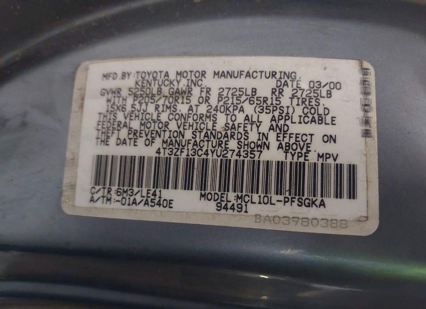 Photo 9 of 2000 Toyota Sienna XLE (VIN 4T3ZF13C4YU274357)