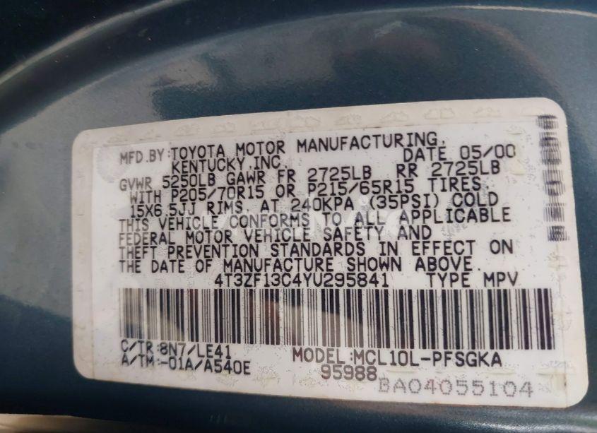 Photo 9 of 2000 Toyota Sienna XLE (VIN 4T3ZF13C4YU295841)