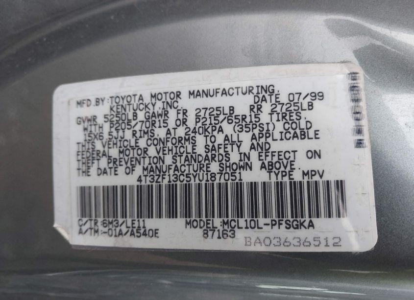 Photo 9 of 2000 Toyota Sienna XLE (VIN 4T3ZF13C5YU187051)