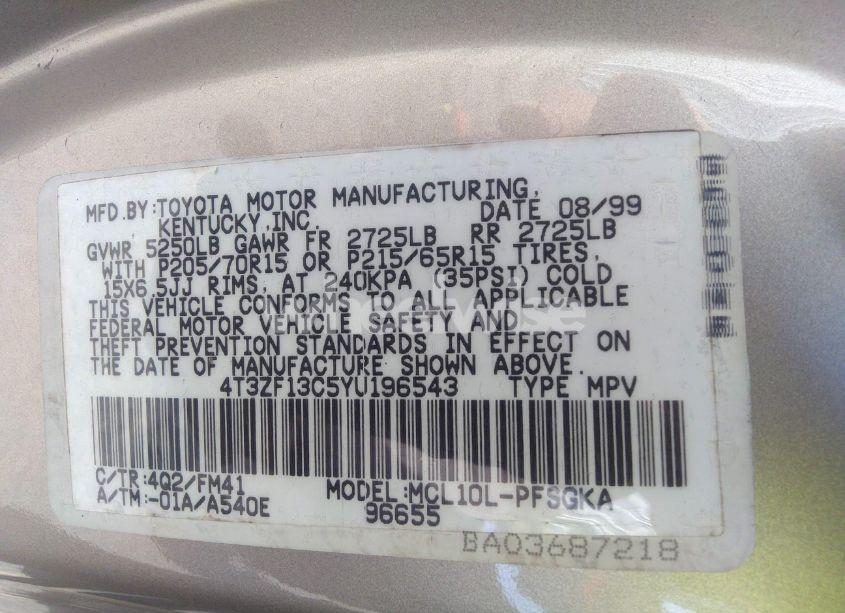 Photo 9 of 2000 Toyota Sienna XLE (VIN 4T3ZF13C5YU196543)