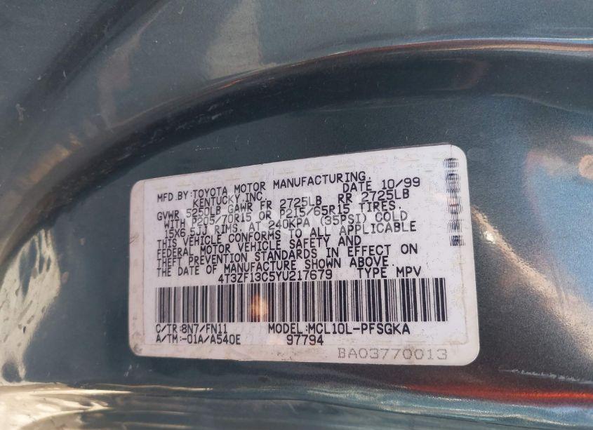 Photo 9 of 2000 Toyota Sienna LE (VIN 4T3ZF13C5YU217679)