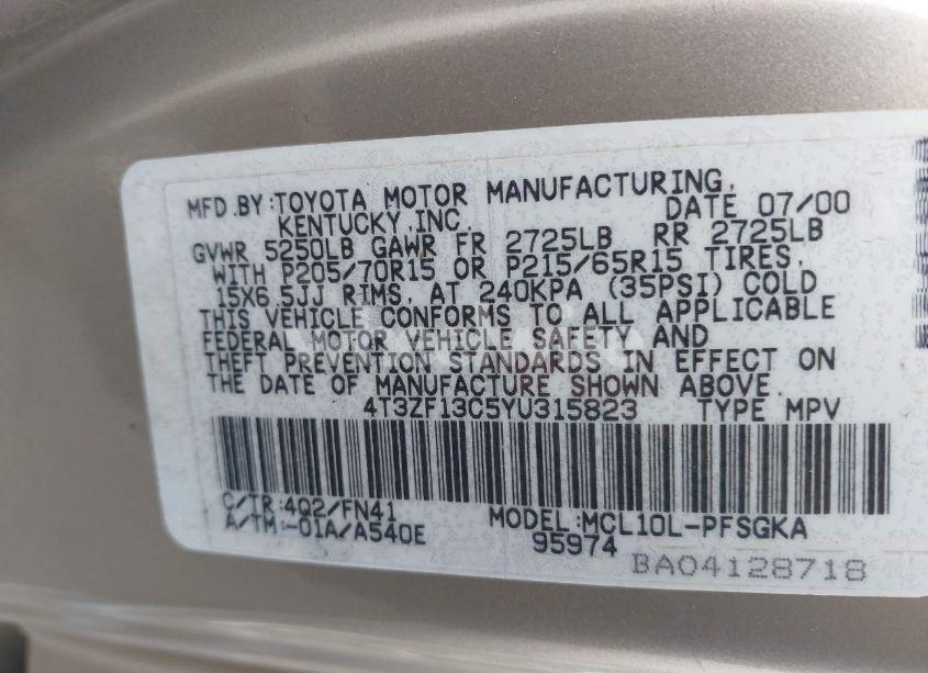 Photo 9 of 2000 Toyota Sienna LE (VIN 4T3ZF13C5YU315823)