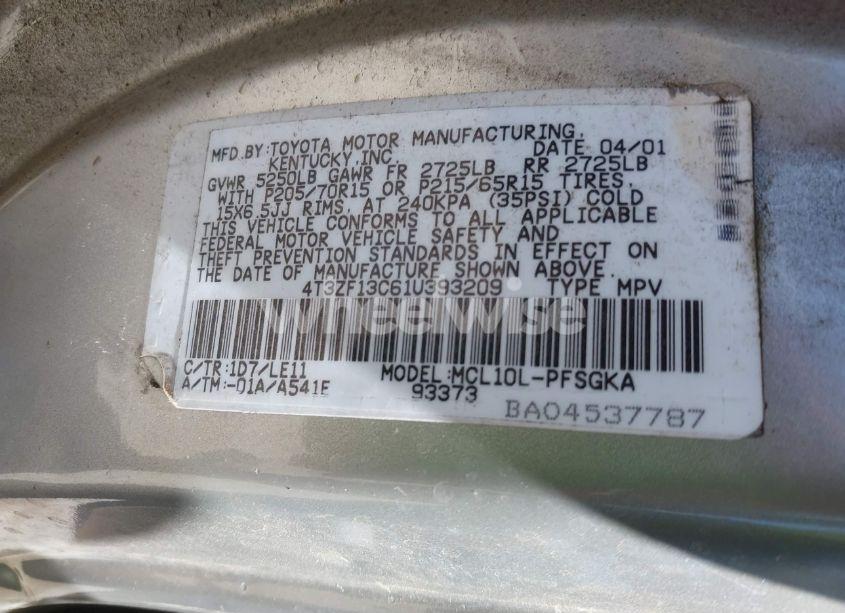 Photo 9 of 2001 Toyota Sienna XLE (VIN 4T3ZF13C61U393209)