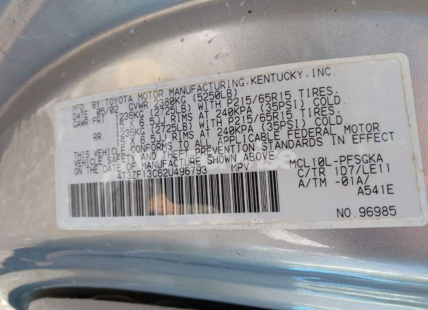 Photo 9 of 2002 Toyota Sienna XLE (VIN 4T3ZF13C62U496793)