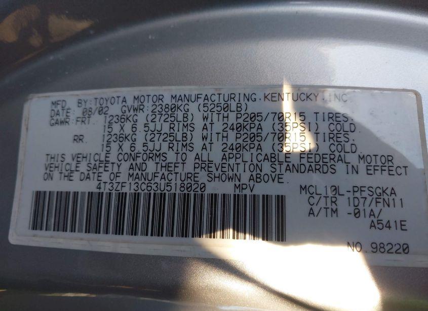 Photo 9 of 2003 Toyota Sienna LE (VIN 4T3ZF13C63U518020)