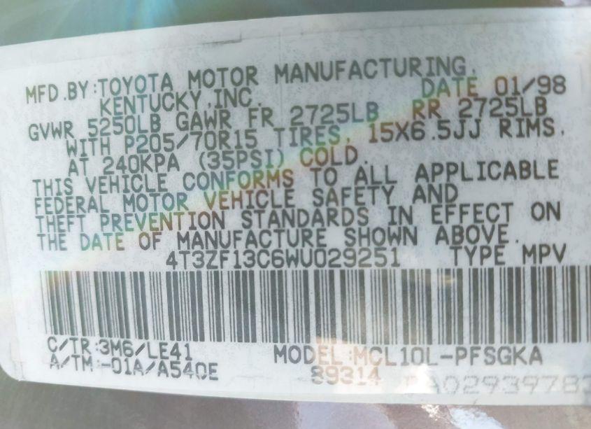 Photo 9 of 1998 Toyota Sienna XLE (VIN 4T3ZF13C6WU029251)