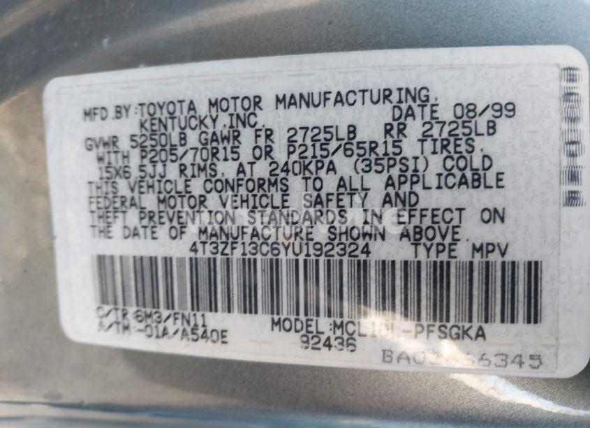 Photo 9 of 2000 Toyota Sienna LE (VIN 4T3ZF13C6YU192324)