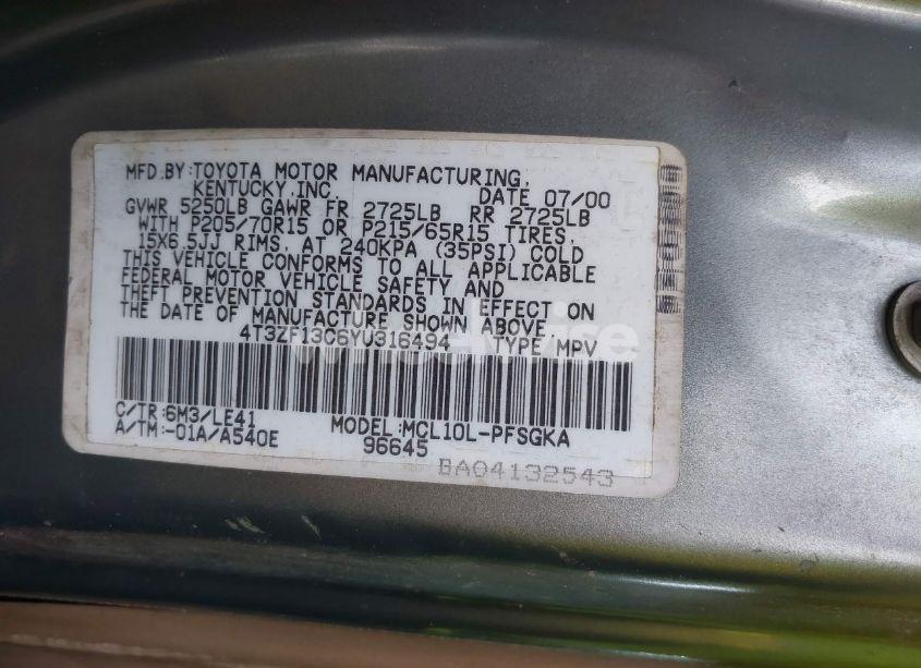 Photo 9 of 2000 Toyota Sienna XLE (VIN 4T3ZF13C6YU316494)