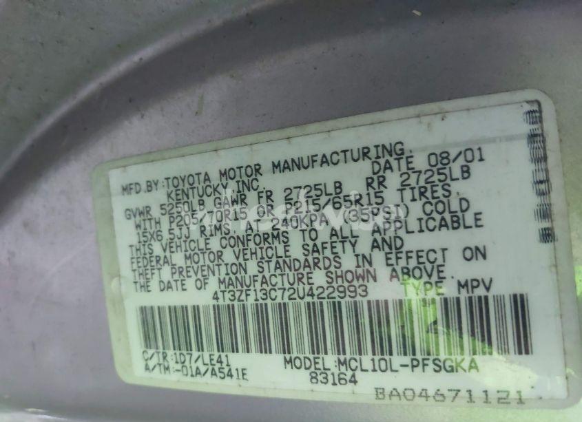 Photo 9 of 2002 Toyota Sienna XLE (VIN 4T3ZF13C72U422993)