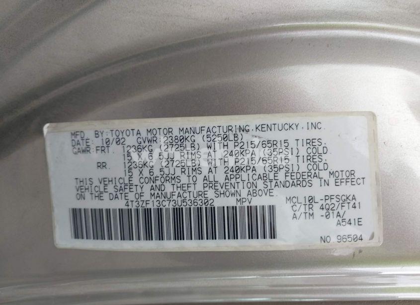 Photo 9 of 2003 Toyota Sienna LE (VIN 4T3ZF13C73U536302)