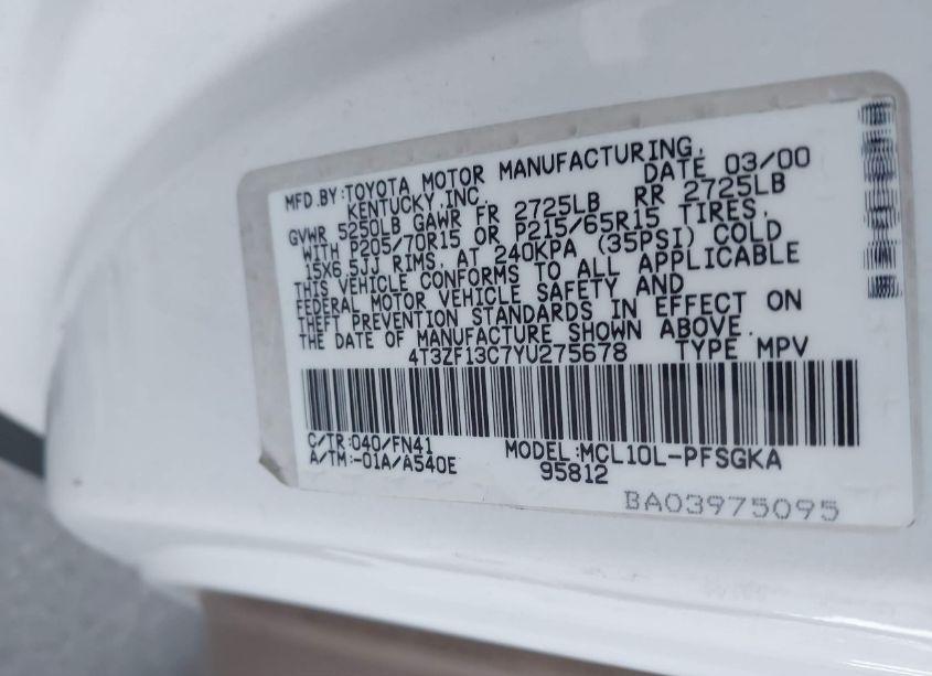 Photo 9 of 2000 Toyota Sienna LE (VIN 4T3ZF13C7YU275678)