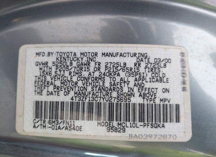 Photo 9 of 2000 Toyota Sienna LE (VIN 4T3ZF13C7YU275695)