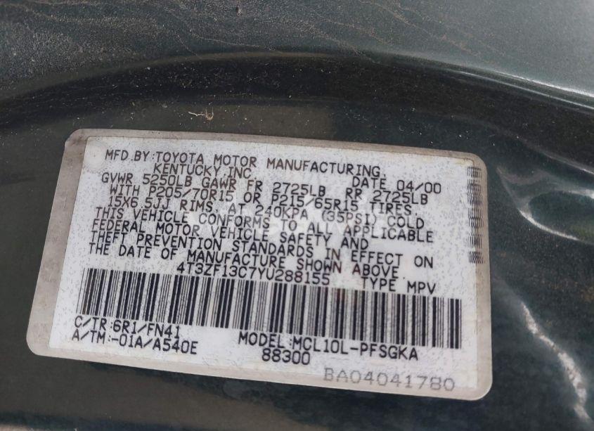 Photo 9 of 2000 Toyota Sienna LE (VIN 4T3ZF13C7YU288155)