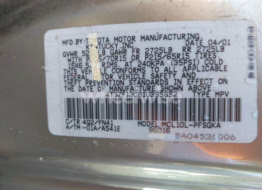 Photo 9 of 2001 Toyota Sienna LE (VIN 4T3ZF13C81U395852)