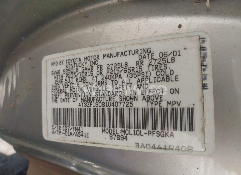 Photo 9 of 2001 Toyota Sienna LE (VIN 4T3ZF13C81U407725)