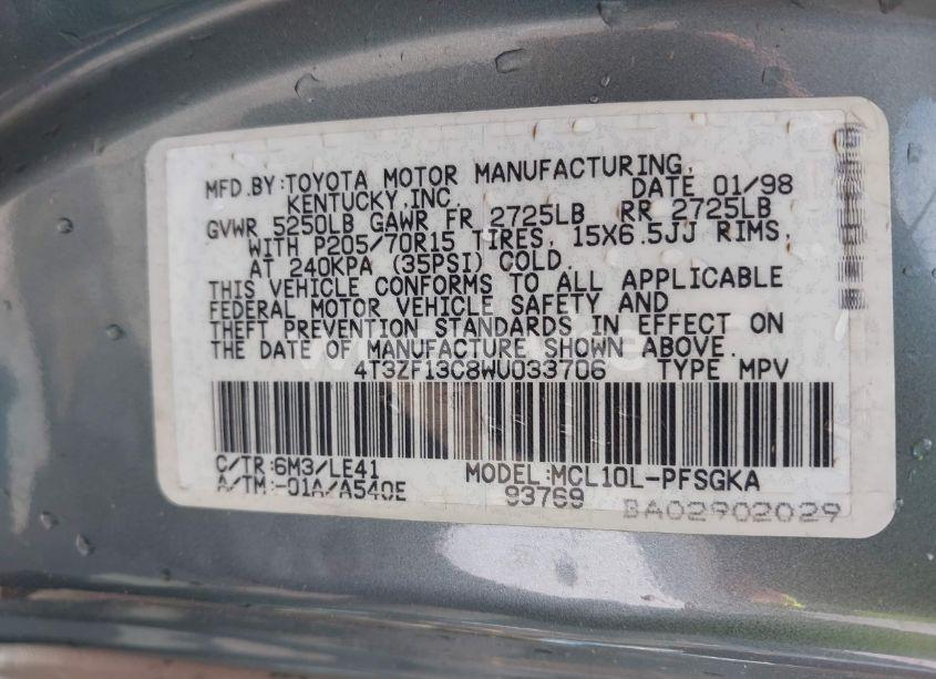 Photo 9 of 1998 Toyota Sienna XLE (VIN 4T3ZF13C8WU033706)